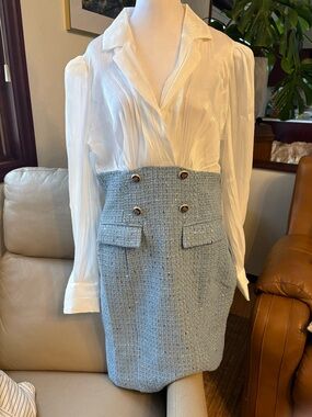 Fashion Nova White Blouse with Light Blue Tweed Pencil Skirt